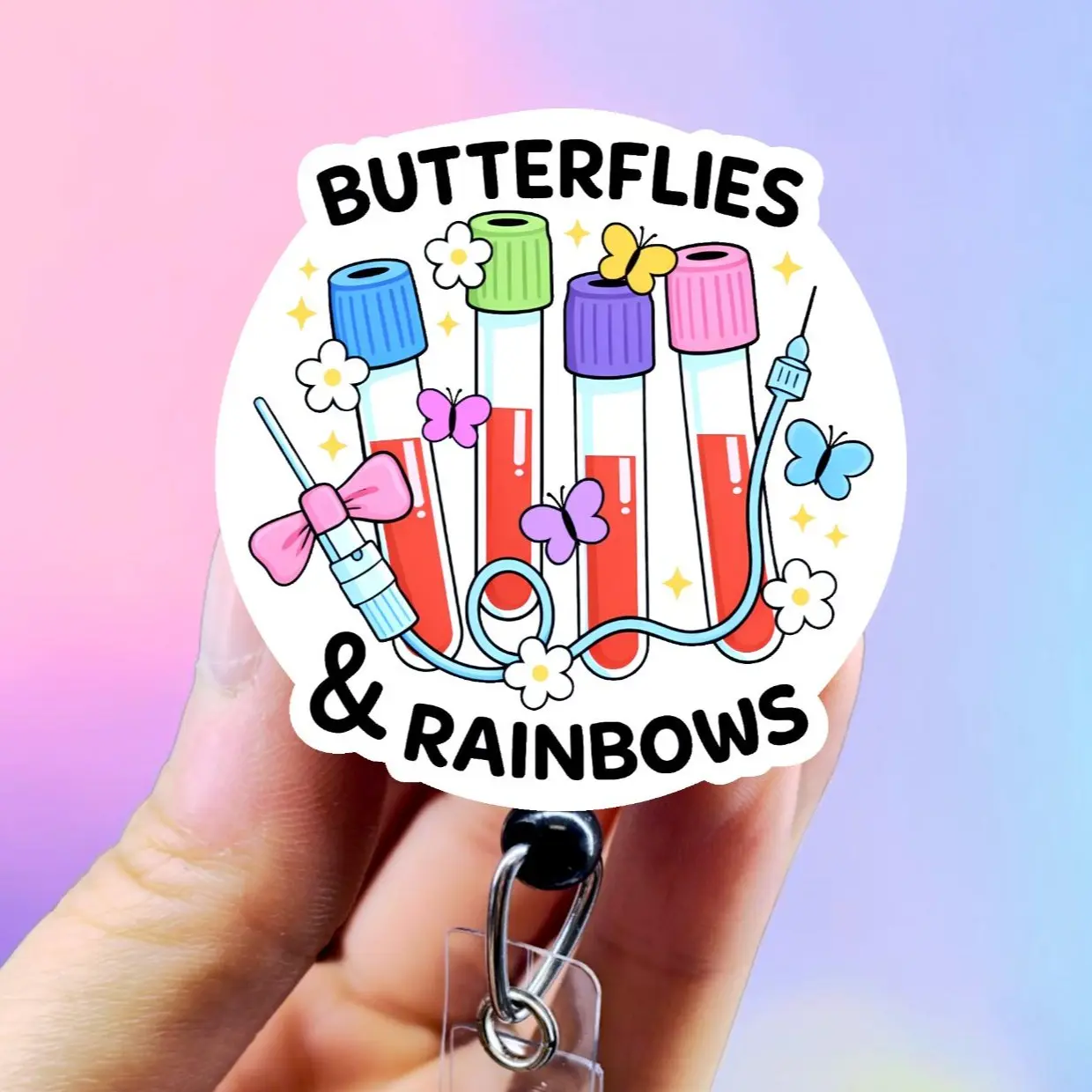 Butterflies and Rainbow Phlebotomy Badge Reel, Lab Badge Holder, Phlebotomy Badge Swivel Spring Clip