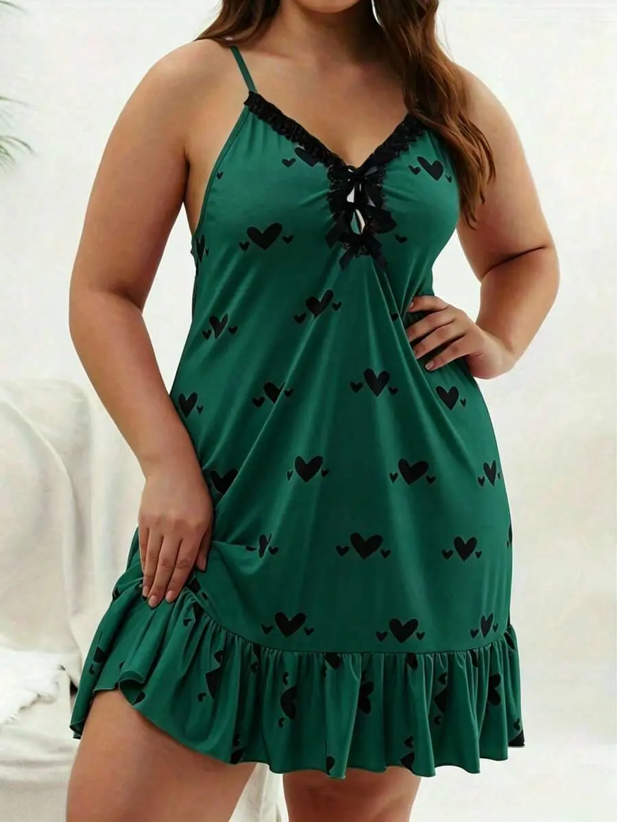 Dollie Plus-Size Women's Heart-Print Off-Shoulder Sleeveless Sleepwear – Adjustable Straps, All-Season Loungewear, Loose Fit, Comfortable Pajamas