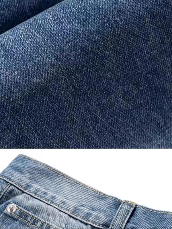 New Men Holes Loose Regular Fit Jeans Trousers Solid Stylish Men's Streetwear Ripped Distressed Straight Denim Pants