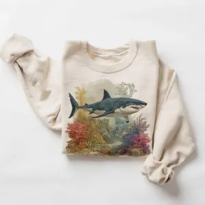 Vintage Great White Shark Coral Reef Ocean Sweatshirt - 90s Ocean Creatures Scuba Diving Outfit - Boho Unisex