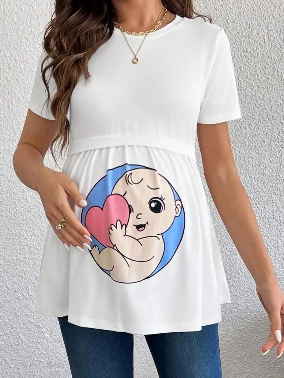 Maternity Knit T-Shirt, Printed Casual Soft Pregnancy Tee for Everyday Wear