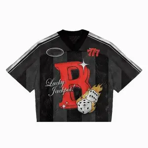 Black Red Cropped Mesh Football Jersey R Lucky Jackpot Dice Print V-Neck Street Style Sports Top Unisex Summer