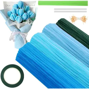 350 count Pipe Cleaner Craft, 4 Color Pipe Cleaners Bulk, Chenille Stems for DIY Flower Making Kits with Hot Melt Adhesive, Gardening Tape, Stamens (Bule)