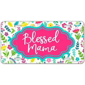 Blessed Mama Pink Floral Aluminum Front License Plate, 6x12 in Standard USA-Made Vanity Tag, Easy-Install Mom Gift for Car, Truck, SUV, Ships from America, Mom Gifts