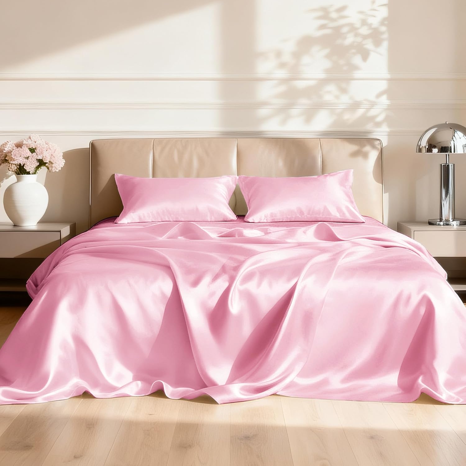 Luxury Satin Queen Sheet Set 4 Piece – Silky Soft, Cooling & Breathable Silk Feel Bedding with Deep Pocket, Hair & Skin Friendly, Wrinkle-Free Pink Sheets