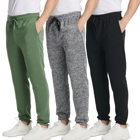 Real Essentials 3 Pack: Men's Fleece Elastic Bottom Jogger Sweatpants with Pockets (Available in Big & Tall)