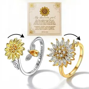 NBR3 2pcs Adjustable Sunflower Spinner Ring Set — Silent Spinning Fidget Rings for Anxiety & Stress Relief, Engraved "You Are My Sunshine", Adjustable Size, Perfect Gift for Women, Girls, Friends, Sisters, Includes Gift Box & Inspirational Card (Birthday)