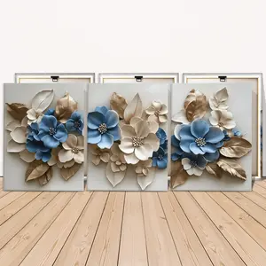 3 Counts Wooden Framed Canvas Painting, Elegant Blue And Beige Floral Art Images, Exquisite Poster, Perfect Living Room Decoration, Modern Art, Fashion Family Poster, Wall Art Decoration, Waterproof Art