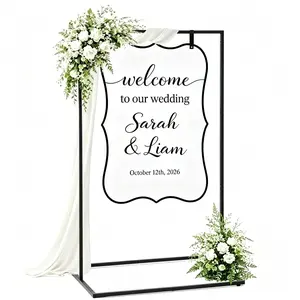 Black Adjustable Welcome Sign Stand, 4.2-5.6ft Metal Easel with Leather Straps, Display Holder for Wedding, Birthday, Engagement & Party Decor