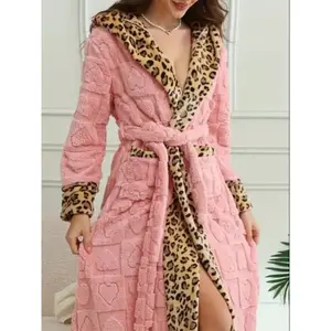 Women's Plush Long Robe, Soft Warm Hooded Bathrobe, Loose-Fit Winter Kint Fabric, Ideal for Bathtub & Spa Shower RoomGift