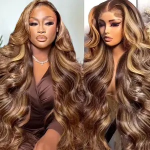 Yeswigs Glueless Body Wave Human Hair Wigs HD Transparent Full Lace Frontal Wigs 180% Density 13x4 P4/613 Highlight Blonde Lace Front Wigs 100% Highlight Brown Colored Human Hair Wigs For Black Women Pre Plucked with Baby Hair
