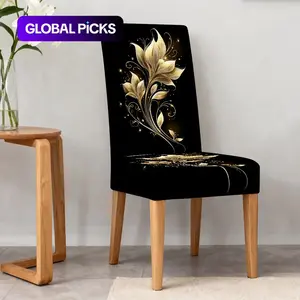 4/5/6/7pcs Golden Floral Swirls Dining Chair Slipcover And Tablecloth Set, Easy to Install & Wash, Removable Washable Slipcovers, Fits Living Room, Home Decor, Restaurant Decor, Party Must-Have