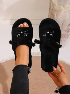 Women's Cartoon Cat Plush Slippers, Soft Indoor Outdoor Comfort Home Shoes, All-Season Casual Textile Footwear