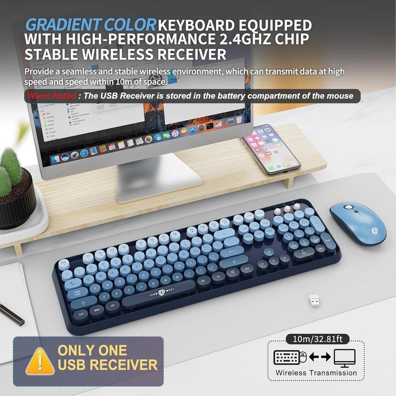 Wireless Keyboard and Mouse Combo 2.4G Full Size Cute Colorful Mouse with 104 Round Keys Retro Typewriter Keyboard for Laptop Windows PC Blue Gradient