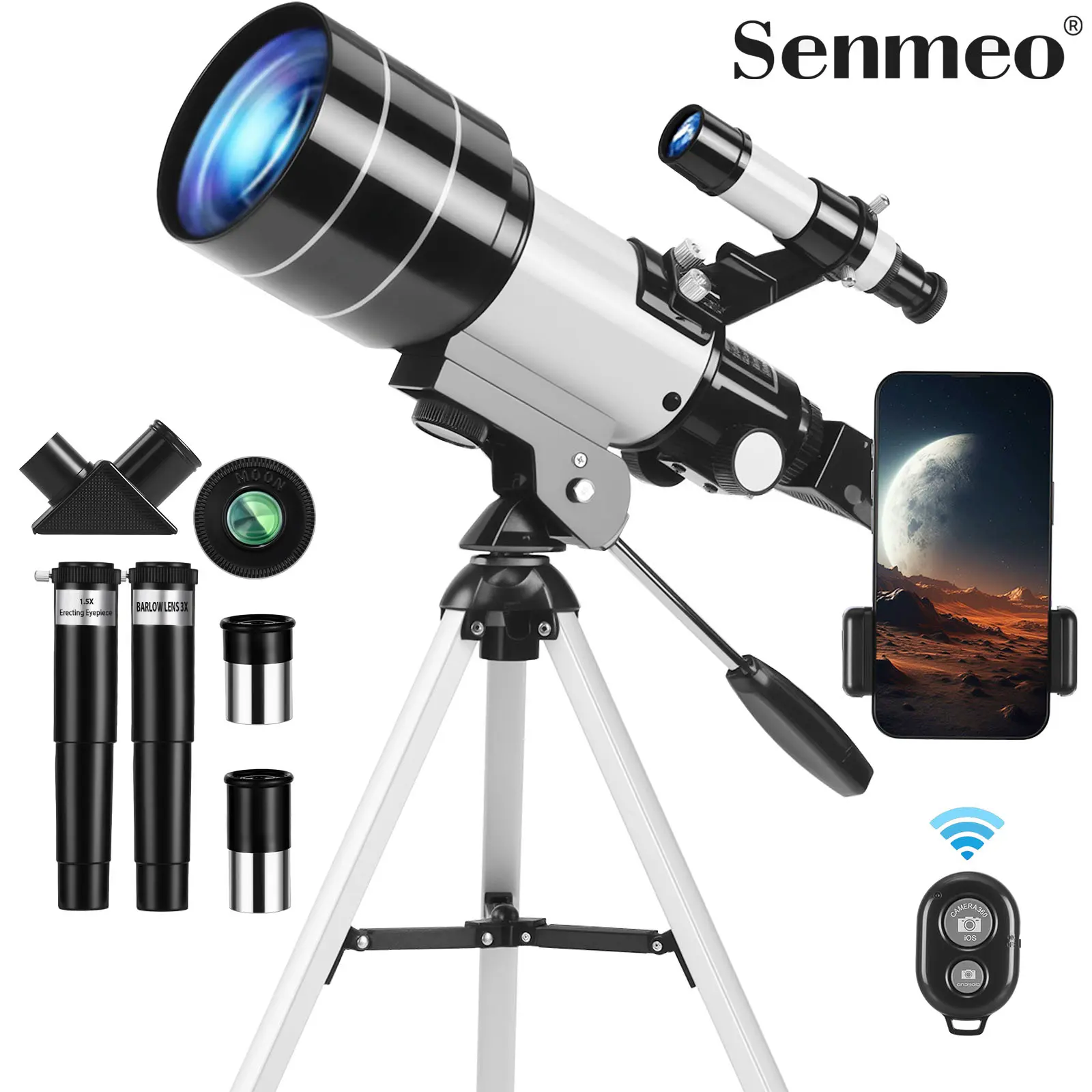 Senmeo Astronomical Telescope Set for Adults & Kids, 70mm Aperture Refractor Telescope for Beginners, 15X-150X Portable Travel Telescope with Phone Adapter & Remote