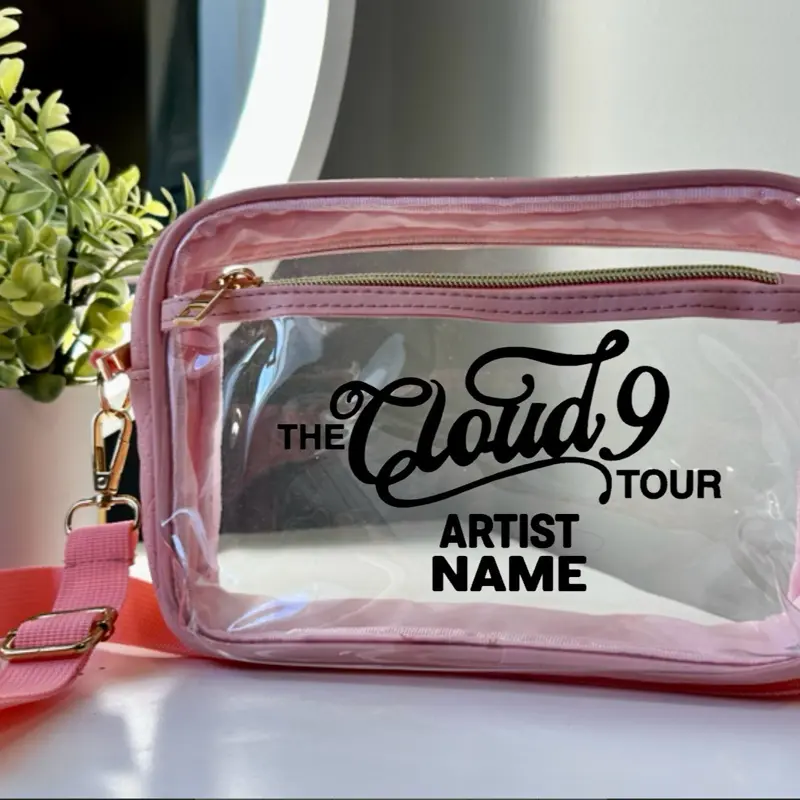 Women's Custom Transparent Cloud 9 Tour Crossbody Bag - Medium Size, Multi-Function, Pink Removable Strap, Front Pocket, Concert & Stadium Approved, Ideal for Country Festivals