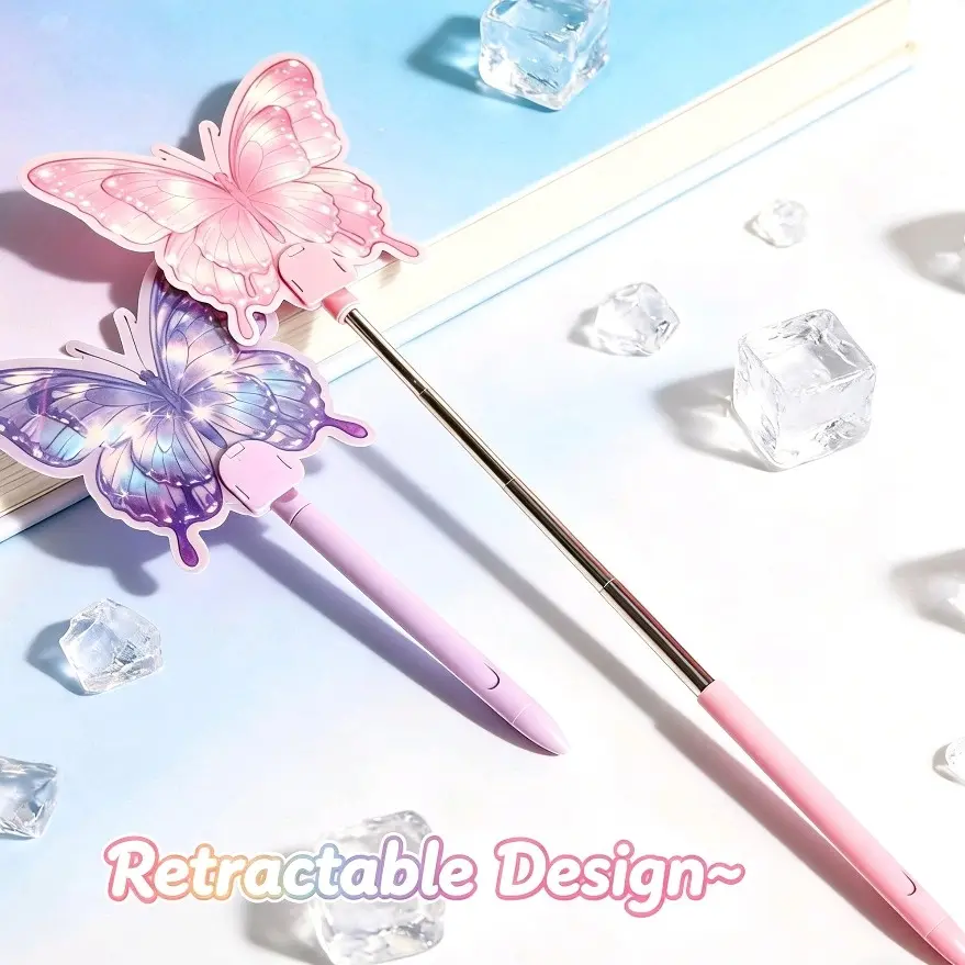 2 in 1 Butterfly Fan Gel Pen Retractable Extendable Cute Kawaii 0.5mm Black Ink Writing Pen for Student School Office