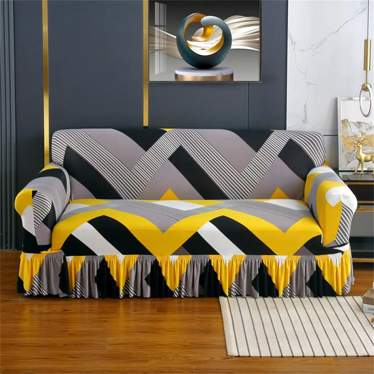 Modern Print Milk Silk Elastic Sofa Cover, Pet-Friendly Polyester Blend, Fits Single & Multiple Seater Sofas, Washable Sofa Slipcover