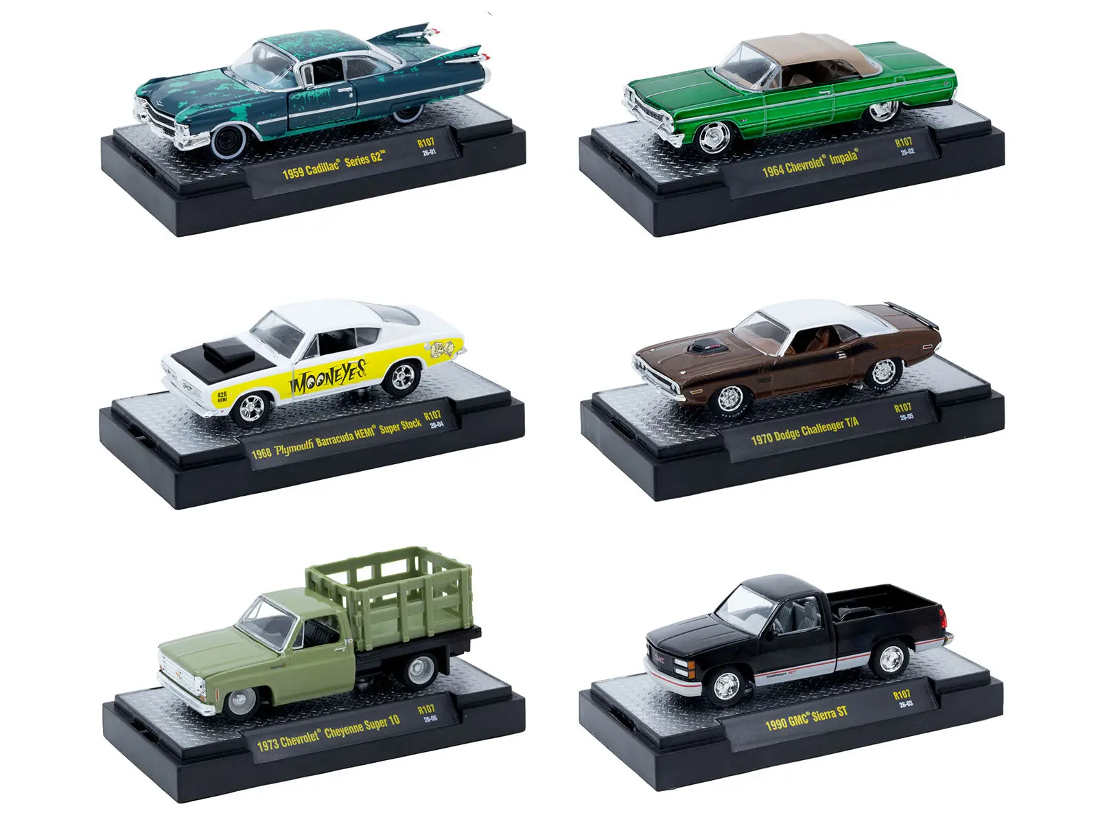 "Auto-Thentics" 6 piece Set Release 107 IN DISPLAY CASES Limited Edition 1/64 Diecast Model Cars by M2 Machines