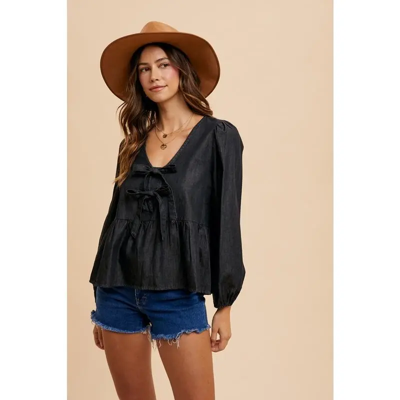 Tie Front Peplum Long Sleeve Denim Top - Elegant Blouse with Tie Front Detail, 90% Cotton & 10% Polyester, Casual Style, Machine Washable