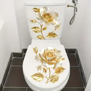 2PCS advanced golden flower toilet seat cover stickers, toilet stickers gold leaf flower stickers DIY removable waterproof toilet stickers wall stickers bathroom decorative flower decals Bathroom Decor Supplies