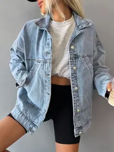 Women's Washed Light Blue Loose Denim Jacket, Loose-fit Lapel Casual Long Sleeve Denim Jacket With Large Pockets, Suitable For Spring, Autumn And Winter