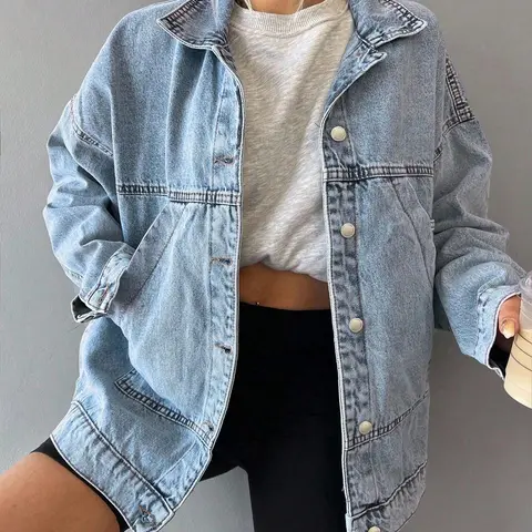 Women's Washed Light Blue Loose Denim Jacket, Loose-fit Lapel Casual Long Sleeve Denim Jacket With Large Pockets, Suitable For Spring, Autumn And Winter