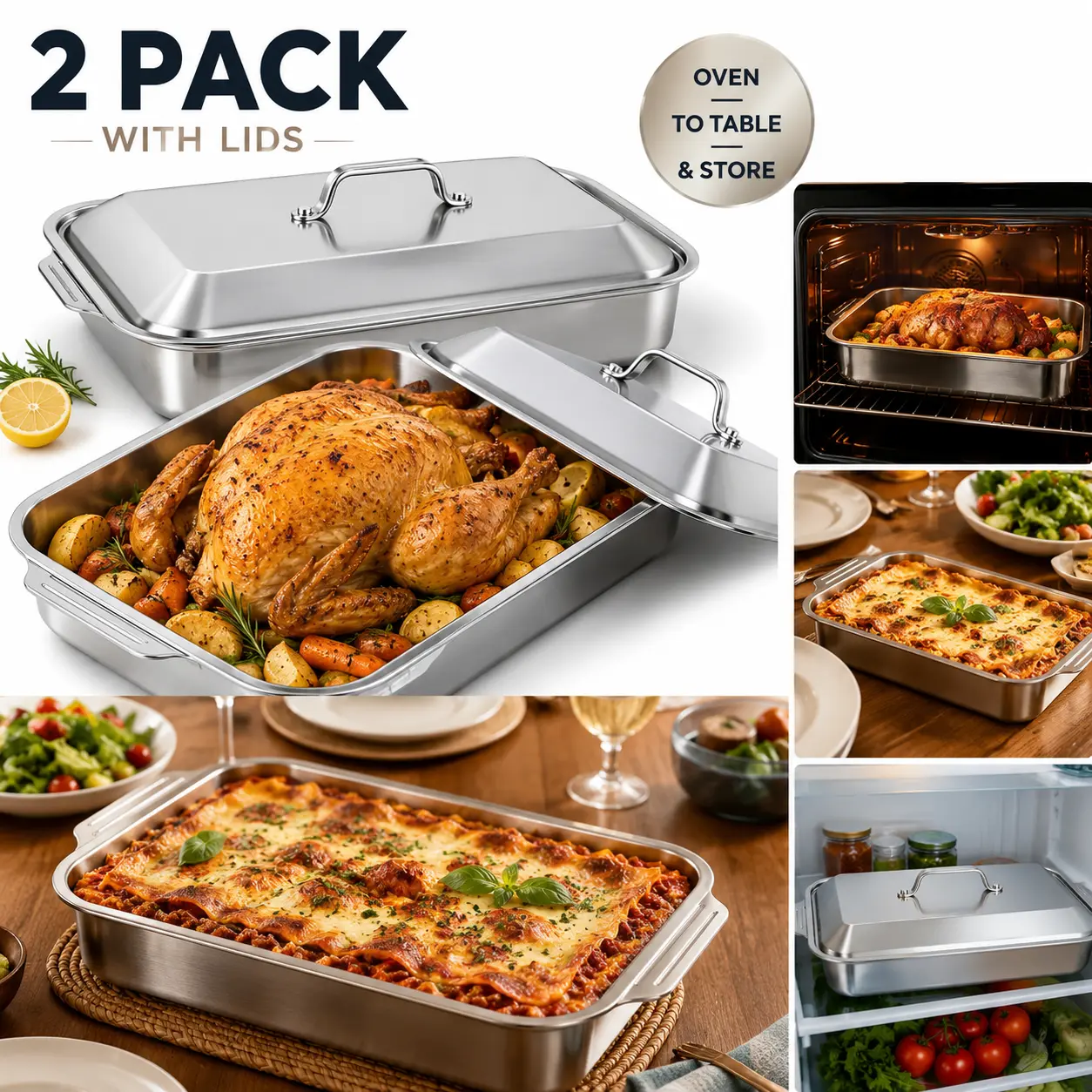 2 Pack Extra Large Stainless Steel Baking Pans with Lids,Rectangular Roasting Trays for Oven Baking,BBQ,Seafood,Casserole,Food Storage & Meal Prep,Food-Grade Kitchen Cookware,Easy Clean,Dishwasher Safe,Family Gathering,Holiday Cooking,Back to School