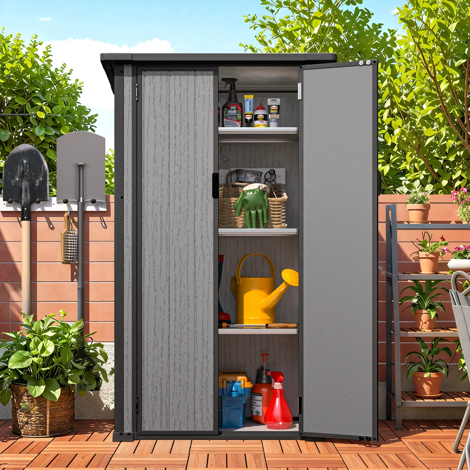 AECOJOY Tall Resin Outdoor Storage Cabinet Waterproof with Adjustable Shelves, Vertical Plastic Storage Shed with Reinforced Floor, All Weather Sheds & Outdoor Storage Clearance with Base for Outside Freestanding Wood Cupboard