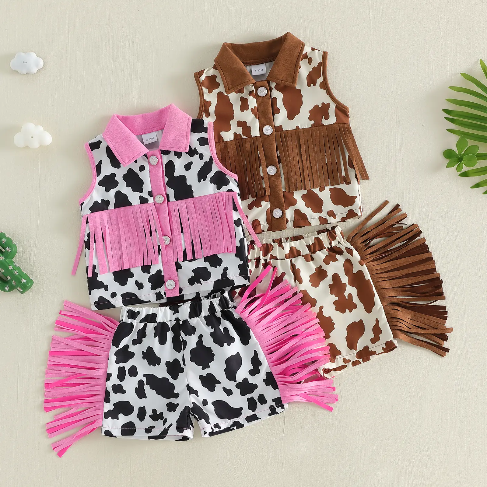 PYBCVRRD Toddler Baby Girls' 2-Piece Summer Western Cowgirl Outfits Set, 100% Polyester Sleeveless Lapel Cow Print Tassel Tank Tops & Shorts, Sizes 6M-4Y (12-18 Months, 2-3 Years Incl.)