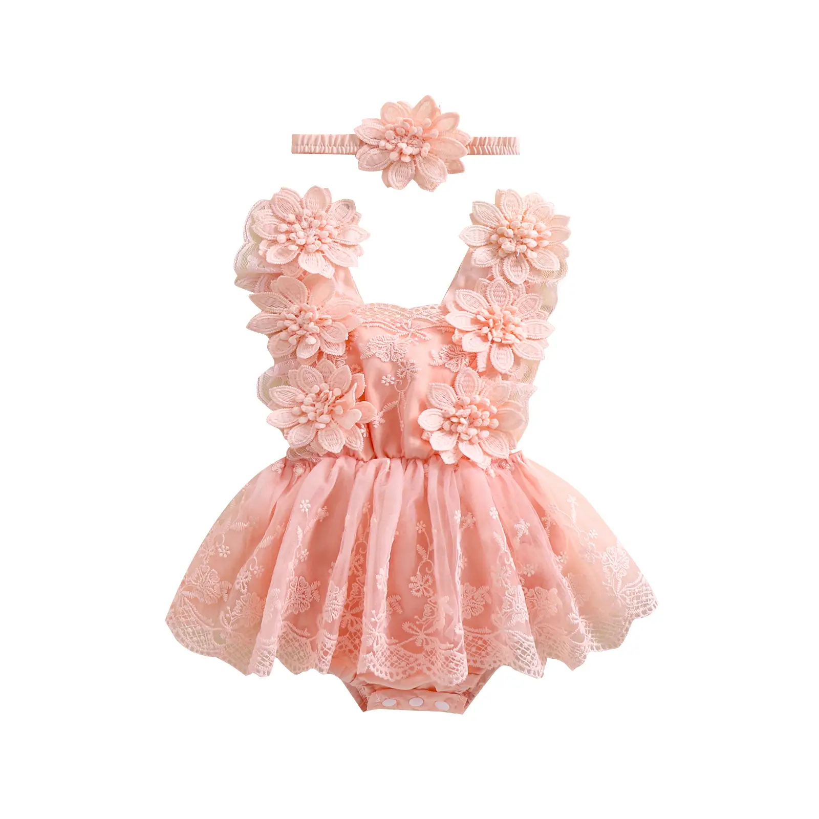 Newborn Baby Girl Tutu Romper Dress Infant Party Sleeveless Ruffled Flower Embroidery Lace Tulle Princess Skirt Headband Set