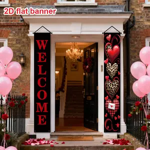 2D Flat, 2pcs Valentine'S Day Door Banner - Heart & "WELCOME" Welcome Sign with Red & Heart Cutouts, Durable Polyester Indoor/Outdoor Party Decorations for, Easy Hang Design, Easyhang Design, Home Entrance Decoration, Valentine'S Day Decorations