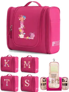 Floral & Initials Letter Pattern Travel Cosmetic Bag, 1 Count Portable Large Capacity Makeup Bag, Makeup Organizer Pouch with Hanging Hooks for Travel, Durable Toiletry Bag for Women, Travel Essentials