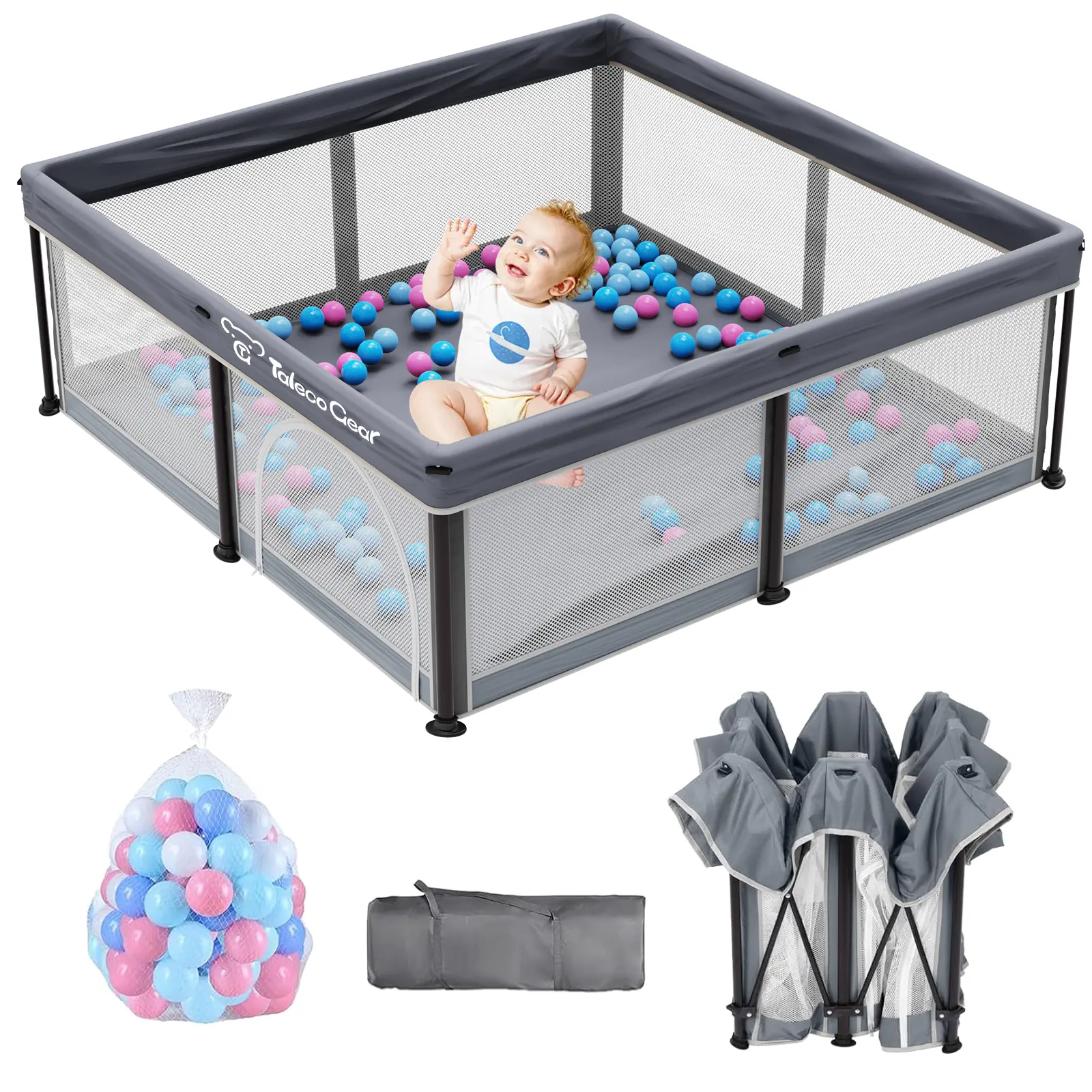 G TALECO GEAR Foldable Collapsible Portable Safety Playpen Play Yard (50"x50") with Mat, Breathable Gate, 50 Ocean Balls for Babies, Toddlers & Parents