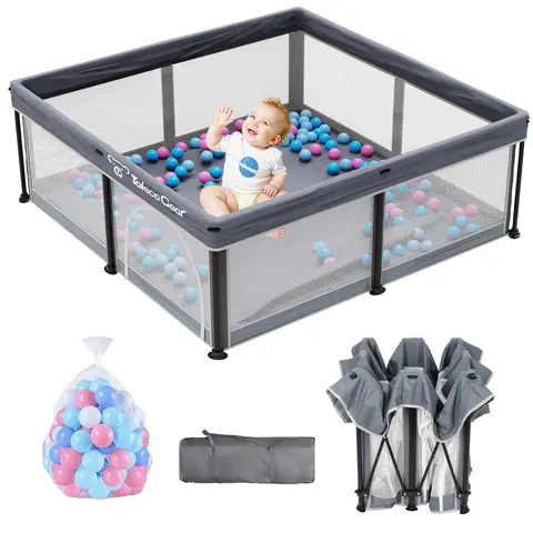 TALECO GEAR Fabric Collapsible Floor Safety Playpen Play Yard (50"x50") - Foldable, Portable, with Mat, Breathable Gate, 50 Ocean Balls, 360° All-Vision Design, Ideal for Work, Chores, Rest (Baby Items), Collapsible Playpen