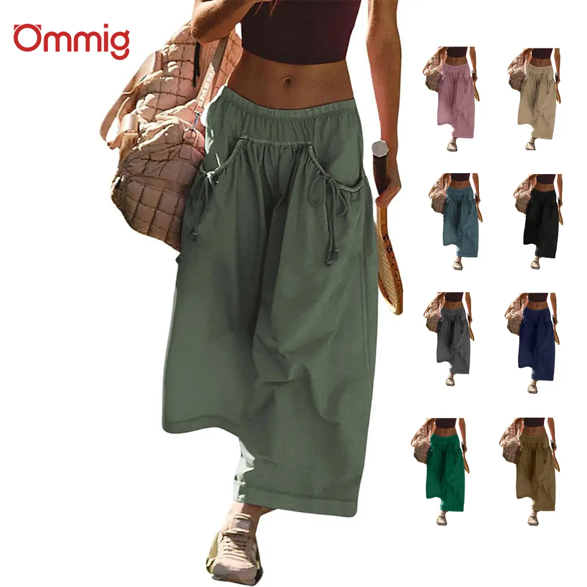Ommig Women's Loose Wide-Leg Track Capri Pants - Elastic Waist, Drawstring, Pockets - Casual Chic Bottoms for Gym, Women's Clothes, Clothes,summerwins