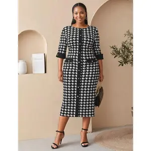Houndstooth Print Back Slit Dress, US Sizes 12 - 22
