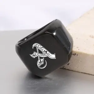 Men's Retro Hip-Hop Letter Print Stackable Black Band Ring Finger Rings - 26 Uppercase A-Z, Black Square Stainless Steel Band, Daily & Party Wear Fashion Costume Jewelry Accessory, Stackable Rings