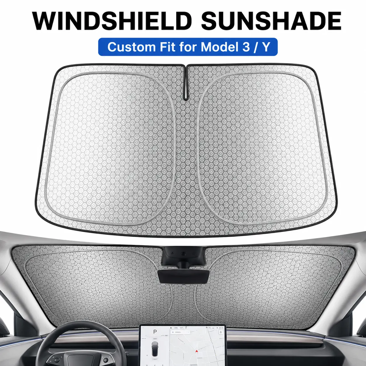 Foldable Front Windshield Sunshade Compatible with Tesla Model 3 / Model Y, Custom Fit Reflective Honeycomb Car Sun Shade, Heat & UV Protection with Storage Bag