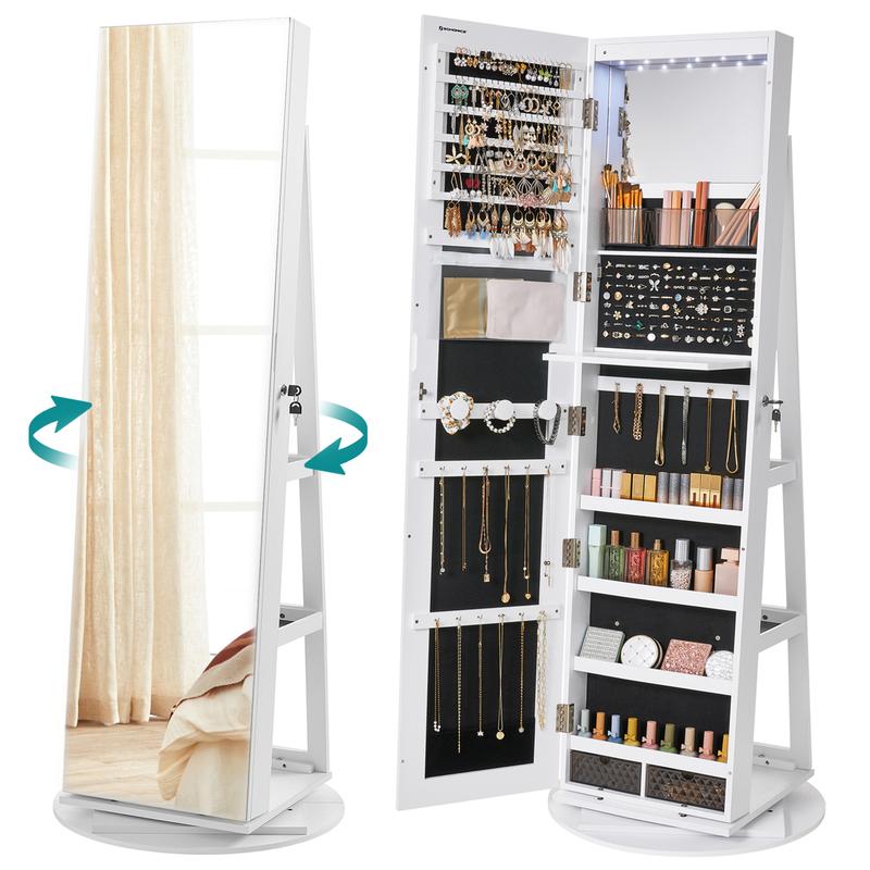 SONGMICS LEDs Lockable Jewelry Mirror Cabinet,Standing Jewelry Armoire,, Frameless Full-Length Mirror, 3 Storage Shelves Christmas Gifts Decor