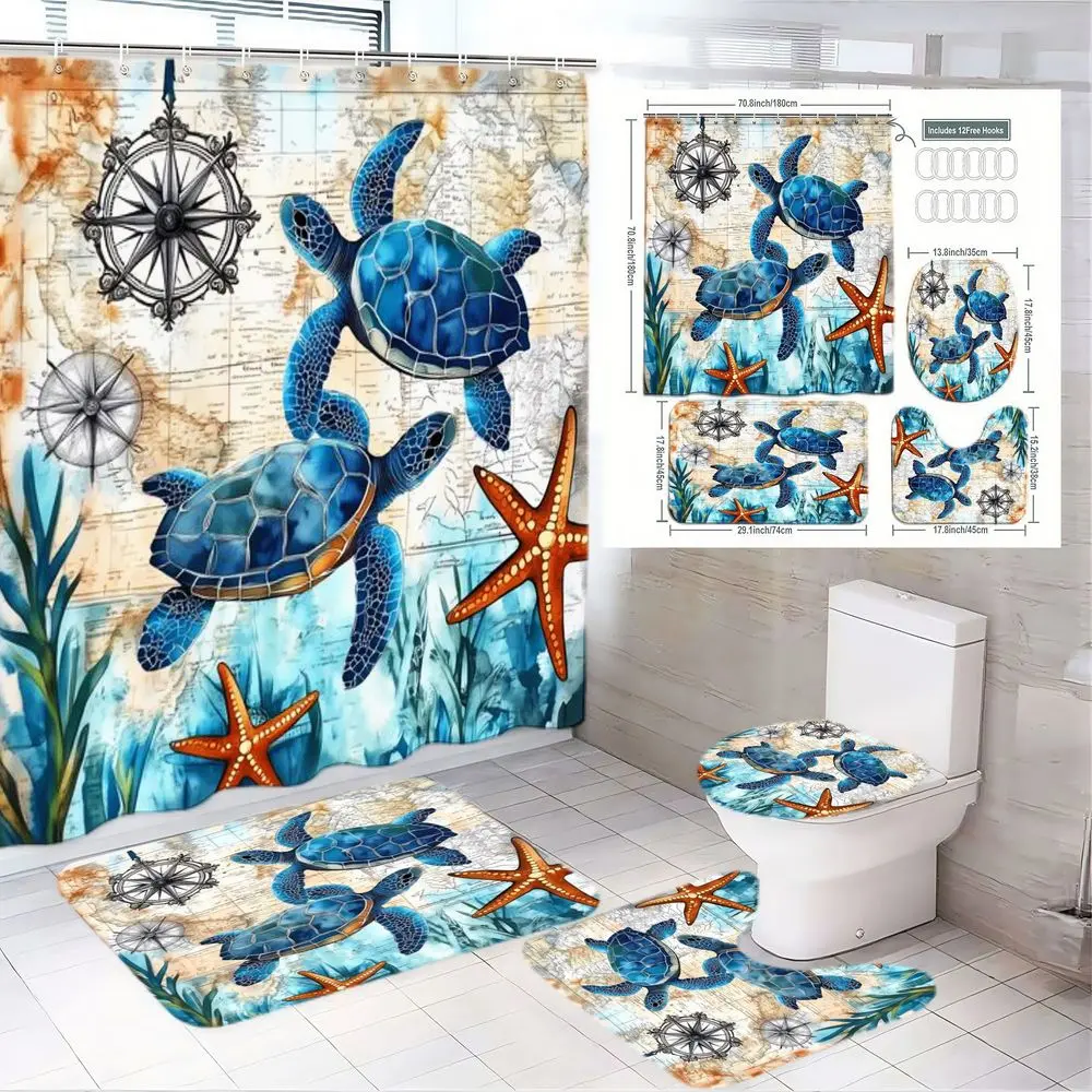1/4pcs Nautical Bathroom Curtain Set, Shower Curtain Sets, Blue Sea Turtle & Orange Starfish Shower Curtain with Compass Rose Pattern, Matching Bath Mat + Toilet Cover - Vintage Ocean Map Theme for Coastal, Beach House Decor, Bathroom Decorations