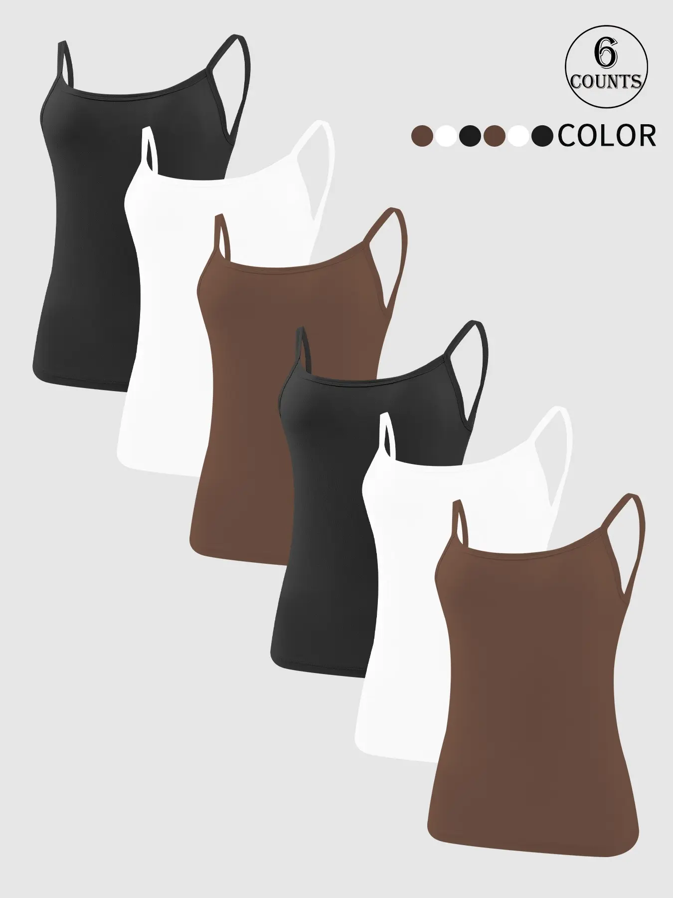 6pcs Women Basic Solid Backless Sleeveless Spaghetti Strap Camisole Underwear Tank Tops Sheer Lightweight Non-Slip No Padding Breathable Daily Workout