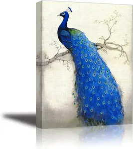 Qesonoo Peacock Wall Art Decor for Bedroom, PIY HD Beautiful Oil Painting Canvas Prints of Elegant Proud Peacock on Beige Pictures (1" Thick Frame, Waterproof Artwork, Bracket Mounted Ready to Hang)