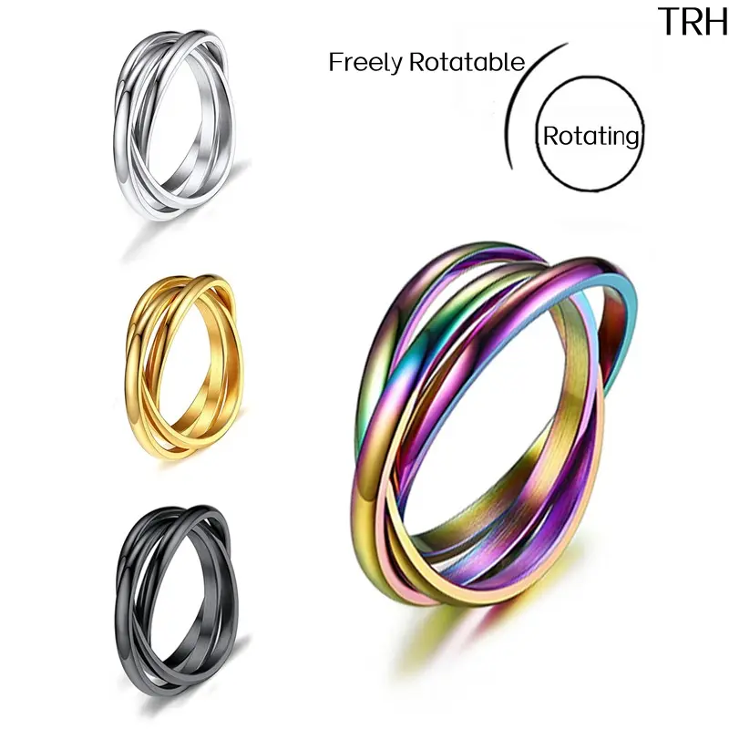 Unisex Triple Interlocking Spinner Ring, Stainless Steel Rotatable Fidget Anxiety Ring for Men Women, Thin Stackable Geometric Band, Hypoallergenic Tarnish Resistant Couple Matching Jewelry for Daily Wear Birthday Gift