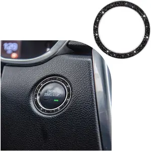 Bling Crystal Double Rhinestone Car Engine Start Stop Decoration Ring, Push Start Button Bling Ignition Ring Sticker, Sparkling Car Interior Accessories for Women (Black, 1 PC)