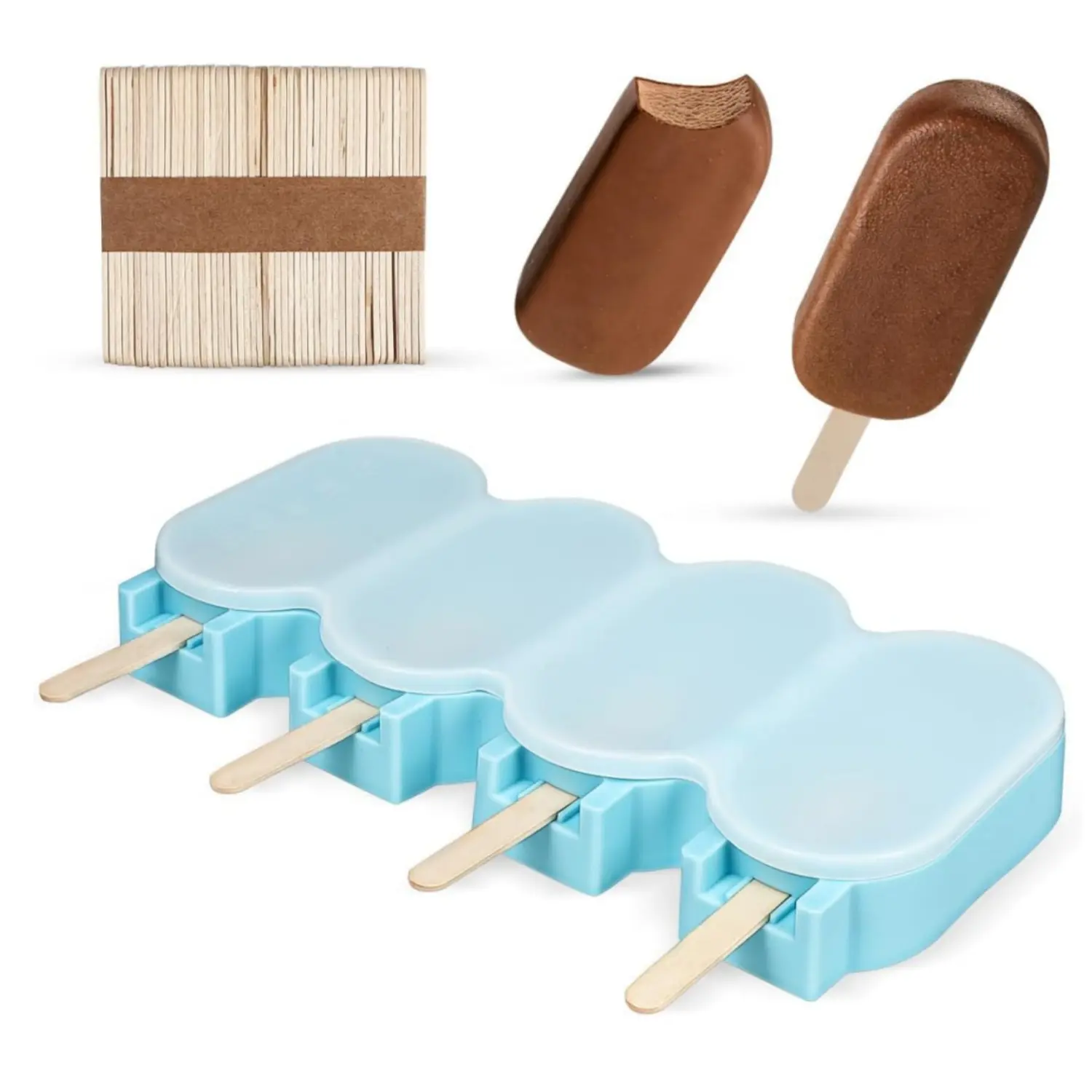 2Pcs Blue Popsicles Molds with Lids and 50 Pcs Wooden Popsicles Sticks, 4 Cavities Silicone Ice Cream Molds for Making Cakesicles, Cake Pops, Ice Cream - BPA Free - Home Improvement.