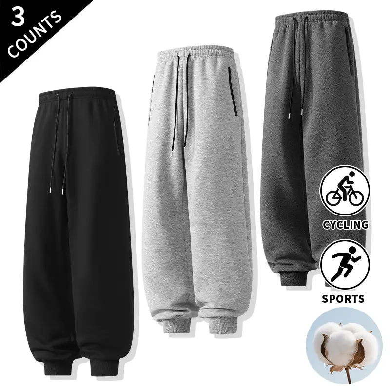 3-Pack Men’s Athletic Joggers, Breathable Sweatpants with Drawstring Waist, Casual Sport Pants for Running with Zippered Storage Pockets