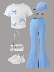 Girls' Casual Summer Set, Round Neck Short Sleeve Top & Blue Bell Bottom Pants, Fashionable Bow Design, Two-Piece Set