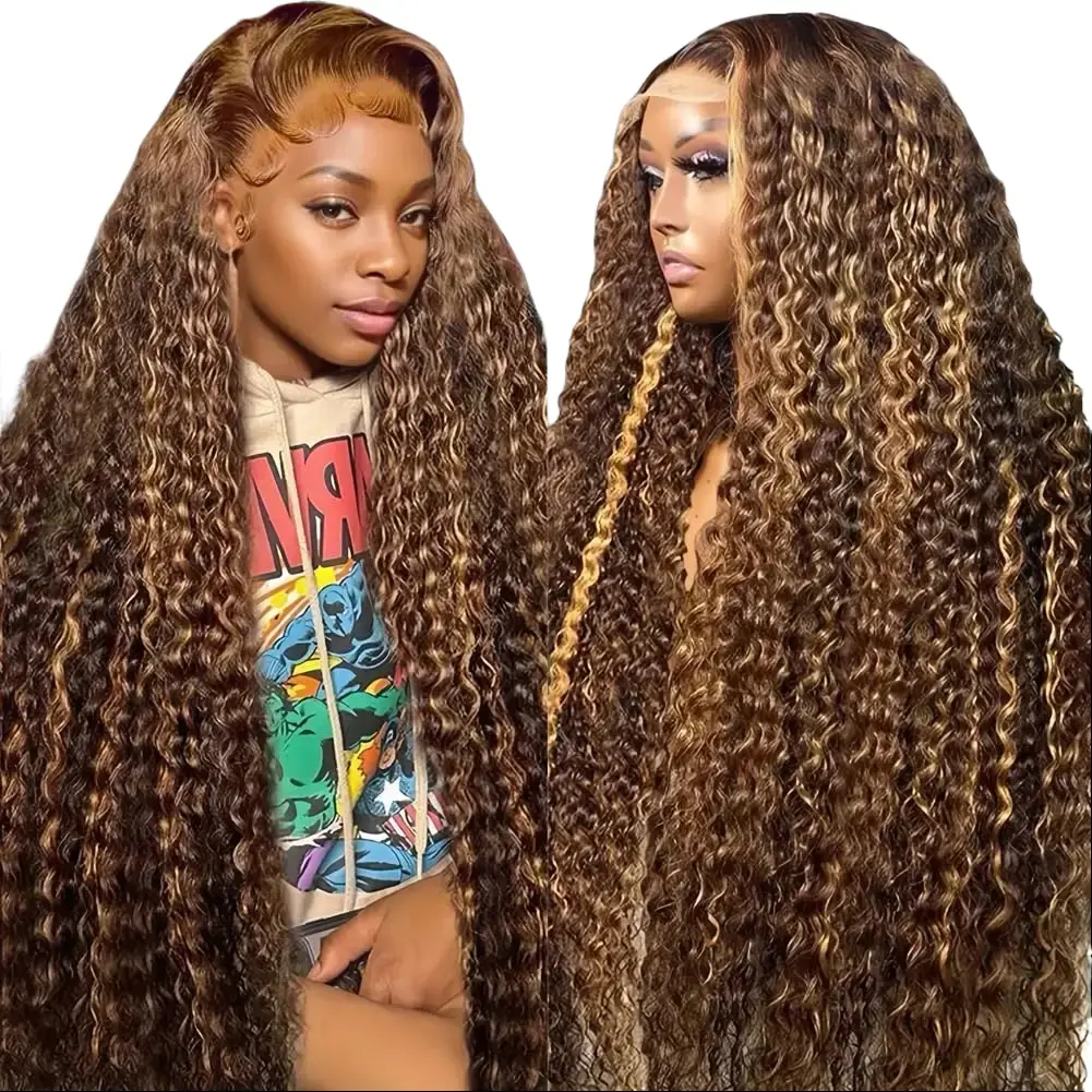 36 Inch 13x6 Highlight Ombre Deep Wave Lace Front Wigs Human Hair Pre Plucked 4/27 Colored Deep Wave Honey Blonde Curly Lace Frontal Wigs Human for Women
