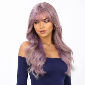 24 Inch Pink Purple Wavy Wig with Bangs – Long Gradient Wave Wig